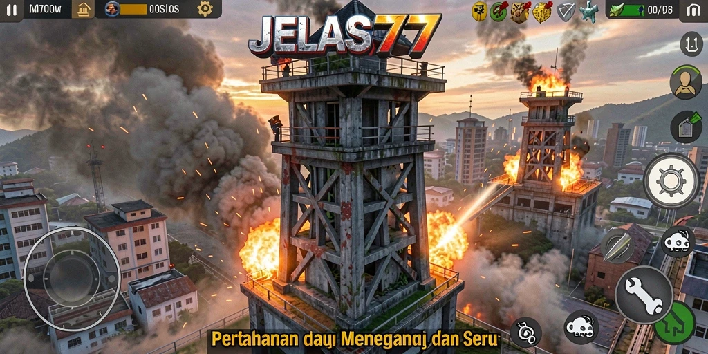 Screenshot menampilkan aksi menara bertahan dalam JELAS777.