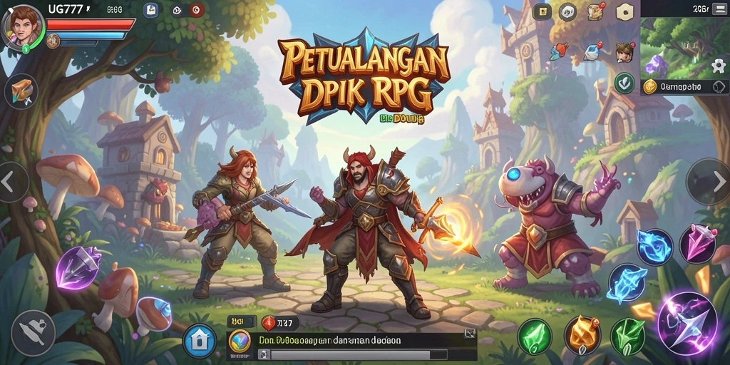 Screenshot utama dari UG777 menampilkan pertempuran seru di dunia RPG yang luas.